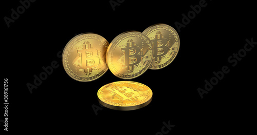 3d render of four bitcoin coins on black background.