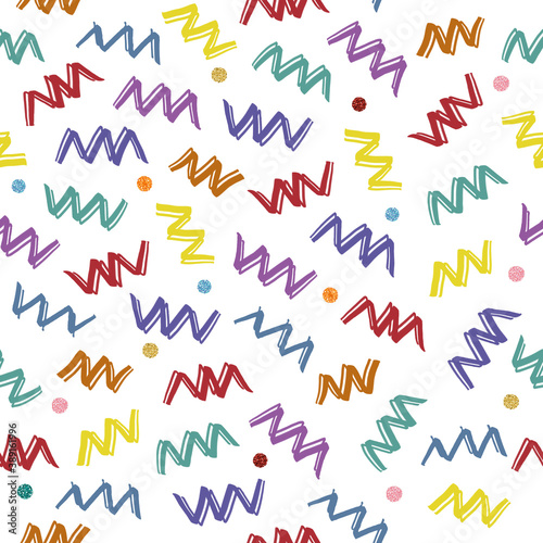 seamless glitter and multicolour zigzag brush pattern on white background