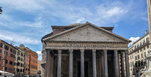Pictures from Rome Italy in Europe.  Front view of the Pantheon with blue sky backdrop 