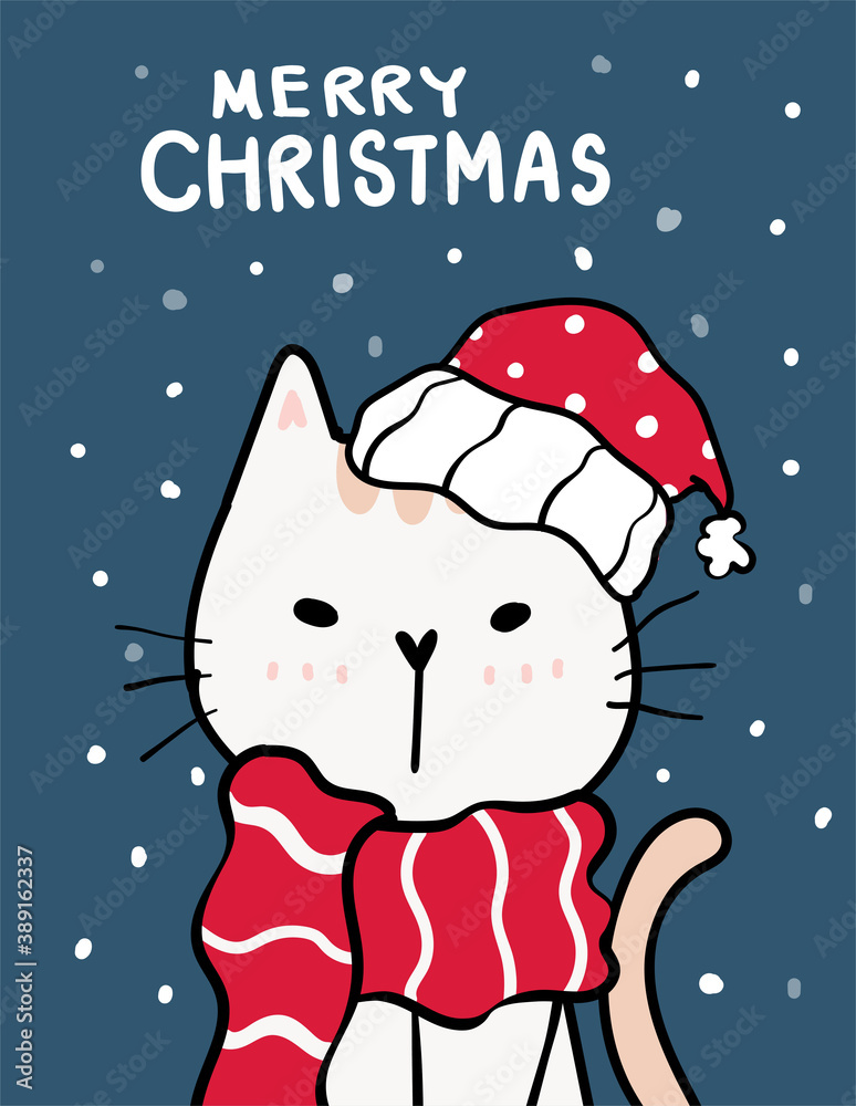 Obraz Merry catmas, kartkę z życzeniami świątecznymi, ładny niegrzeczny kot z santa red hat, padający śnieg w głębokim niebieskim tle, zarys doodle ręka rysować płaskie wektor.