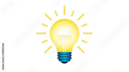 Yellow lamp bulb turns on and off. Animated idea sign, cartoon icon. Gloving incandescent lamp symbol on transparent background. 4k seamless loop video with alpha channel.
