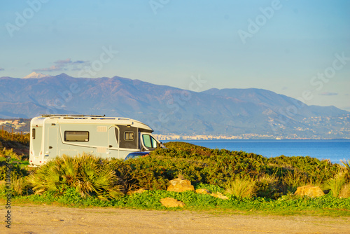 Caravan on beach by Punta Mala, Alcaidesa Spain