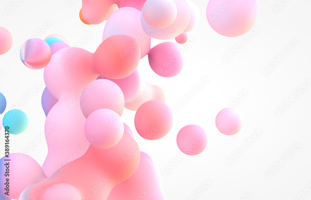 Abstract 3d art background. Holographic floating liquid blobs, soap bubbles, metaballs.