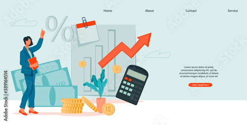 Confident business woman stands in front of growing analytics graph. Analysing financial data and development of business strategy concept for website or landing page, flat vector illustration.