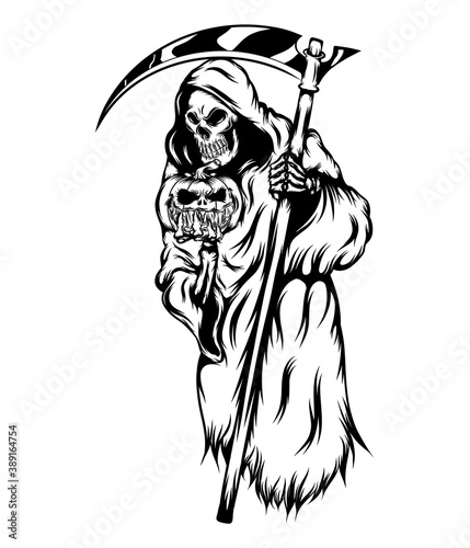 The grim reaper holding the scary pumpkins