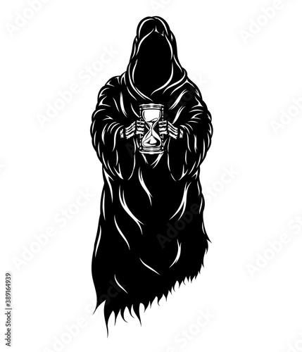 The black grim holding the sand glasses in his hands