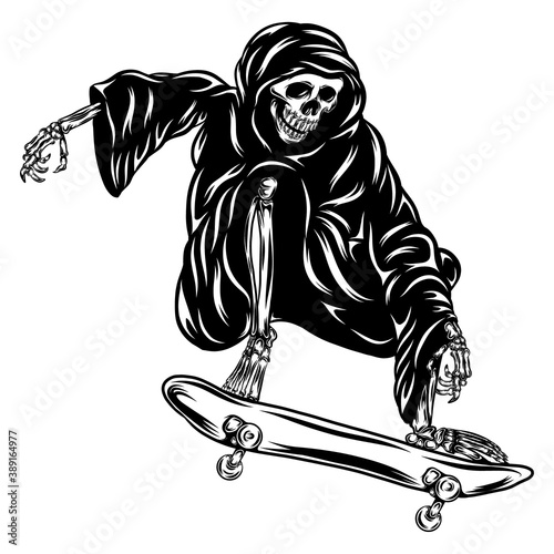 The grim using the hood and playing the skateboard