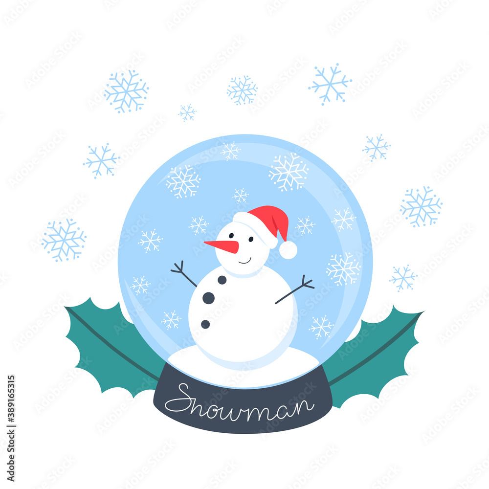Snow crystal ball with snowman in Christmas hat and snowflakes, vector illustration in flat style Snow crystal ball with snowman in Christmas hat and snowflakes, vector illustration in flat style