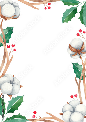 Christmas frame with red berries and cotton flowers, watercolor paint frame New Year