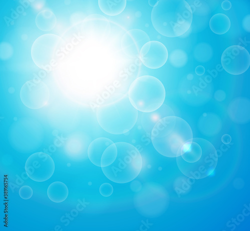 Sunny blue background, sun with bokeh, turquoise summer vector illustration.