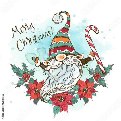Christmas card with a cute Nordic gnome with a large Lollipop in a frame with a wreath of Poinsettia flowers. Watercolors and graphics. Doodle style