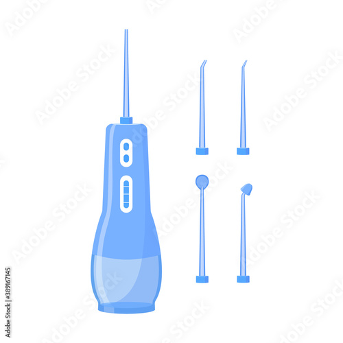 Oral irrigator isolated on white background. Flat vector illustration in cartoon style. Healthy teeth, tooth decay prevention concept. Oral hygiene device. Decorative design element.