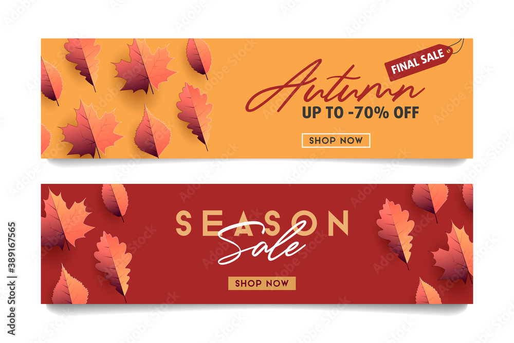 Fototapeta premium Two variants of leaflet template with seasonal autumn leaves illustration background and calligraphy promo text with discounts