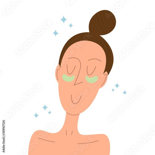 Hydrogel eye patch applying. Happy woman with anti-age face mask for eyes. Korean dermatology facial treatment illustration.