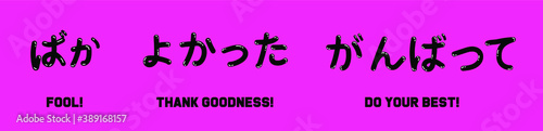 Set of hand drawn japanese calligraphic slogans translated as "Fool", "Thank Goodness" and "Do your best". Manga and anime style illustration.