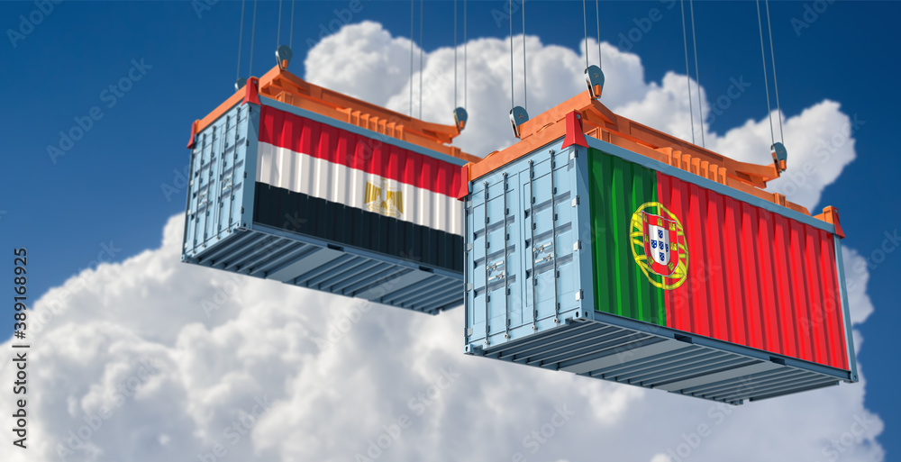 Freight containers with Egypt and Portugal national flags. 3D Rendering Freight containers with Egypt and Portugal national flags. 3D Rendering