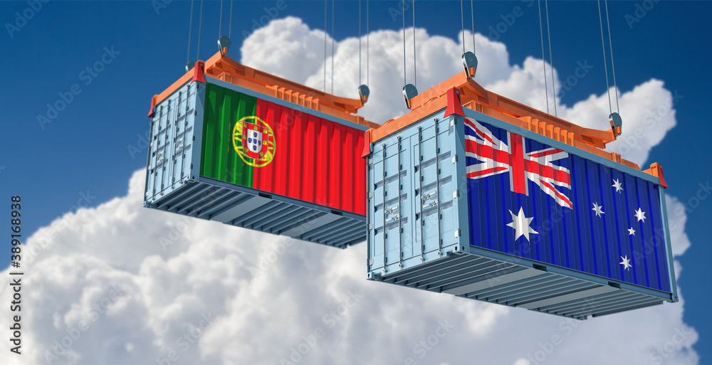 Freight containers with Australia and Portugal national flags. 3D Rendering