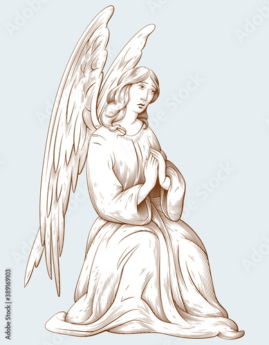 Praying sorrowful Angel. Religious symbol of Christianity. Biblical illustrations in old engraving style. Decor for religious holidays. Hand drawn vector illustration.