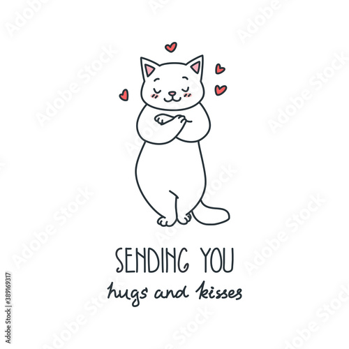 
Sending you hugs and kisses. Illustration of a cute cat in love isolated on a white background. Valentine's day card template. Vector 8 EPS.