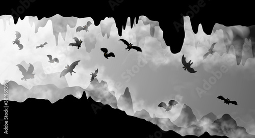 Mysterious underground cave whith flying bats black and white simple silhouette vector illustration. The cavern inside the realistic fog clouds with rocks and stalactites hand drawn scenery background