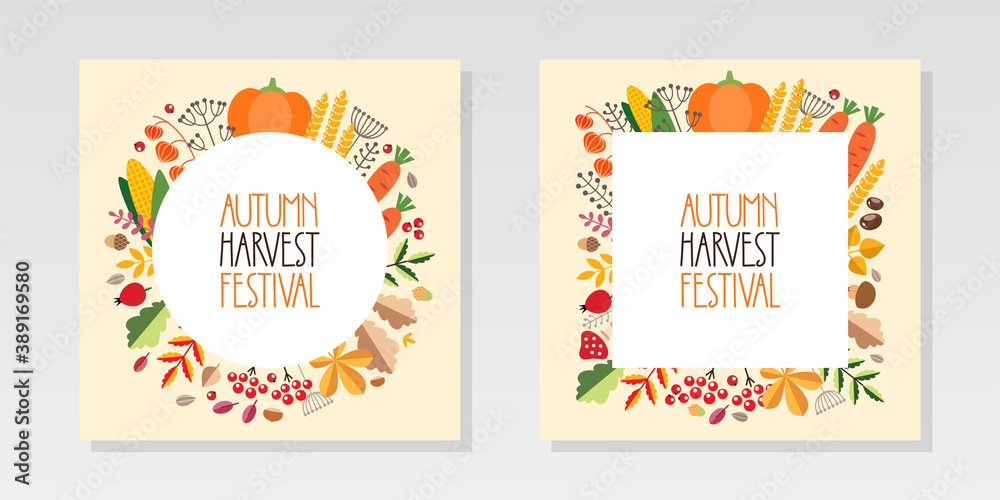 Harvest backgrounds. Set of autumn backgrounds with vegetables, berries, autumn leaves and plants. Can be used for autumn holiday invitations, greeting cards or banners. Vector illustration 10 EPS.