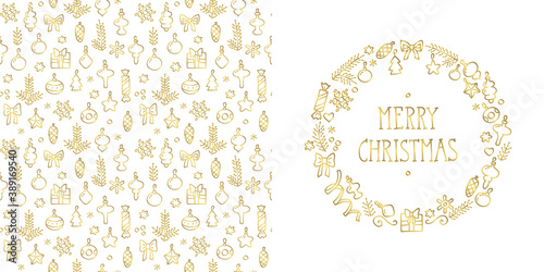 Merry Christmas. Golden wreath and pattern made of Christmas decorations. Can be used as folding greeting card, invitation, booklet or flyer. Vector 8 EPS.