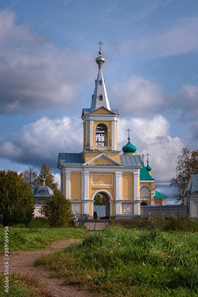 Fototapeta premium Bell tower of Vvedeno Oyatskiy Orthodox Women Monastery in the Vepsky forest of the Leningrad region Russia.