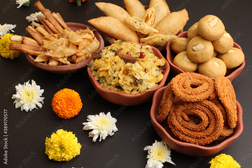 Fototapeta premium Home made tasty Diwali food /snacks / sweets.
