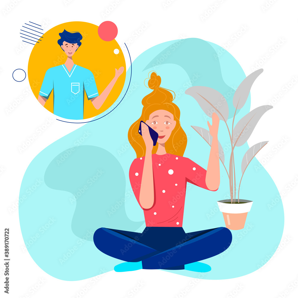 Young woman talking with man by smartphone. Conversation between girl and guy. Dialogue by mobile phone. Technology, distance. Vector illustration Young woman talking with man by smartphone. Conversation between girl and guy. Dialogue by mobile phone. Technology, distance. Vector illustration
