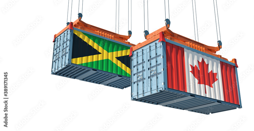 Freight containers with Canada and Jamaica national flags. 3D Rendering Stock Illustration
