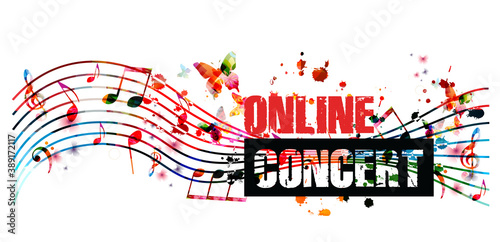 Colorful music promotional poster background with musical notes isolated vector illustration. Online concert banner for music festivals, shows and concert events