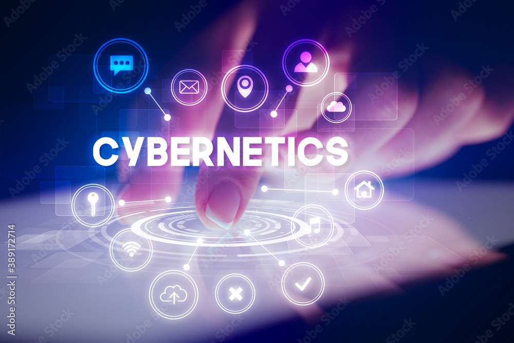 Finger touching tablet with web technology icons and CYBERNETICS inscription, web technology concept Finger touching tablet with web technology icons and CYBERNETICS inscription, web technology concept