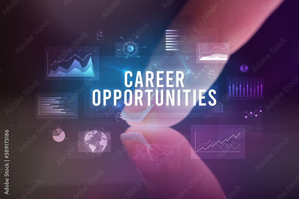 Finger touching tablet with charts and CAREER OPPORTUNITIES inscription, business concept Finger touching tablet with charts and CAREER OPPORTUNITIES inscription, business concept