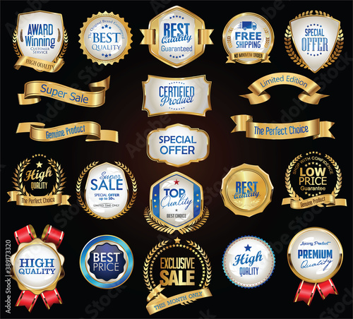 Retro vintage gold and blue badges labels and ribbons 