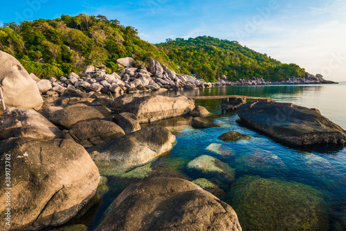 Rocky sea beach morning sunrise turquoise water