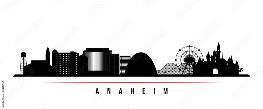 Anaheim skyline horizontal banner. Black and white silhouette of Anaheim City, California. Vector template for your design.