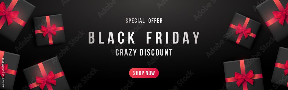 Black Friday horizontal banner. Black gift boxes with red ribbon for Black Friday Sale. Concept template for web sites, header. Stock vector illustration.