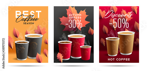 Set of posters for take away coffee point with promo discounts, autumn coloured leaves illustration and paper mugs, isolated