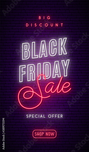 Black Friday signboard. Red and white glowing neon promotion clearance in vertical format. Sale banner design. Vector illustration.