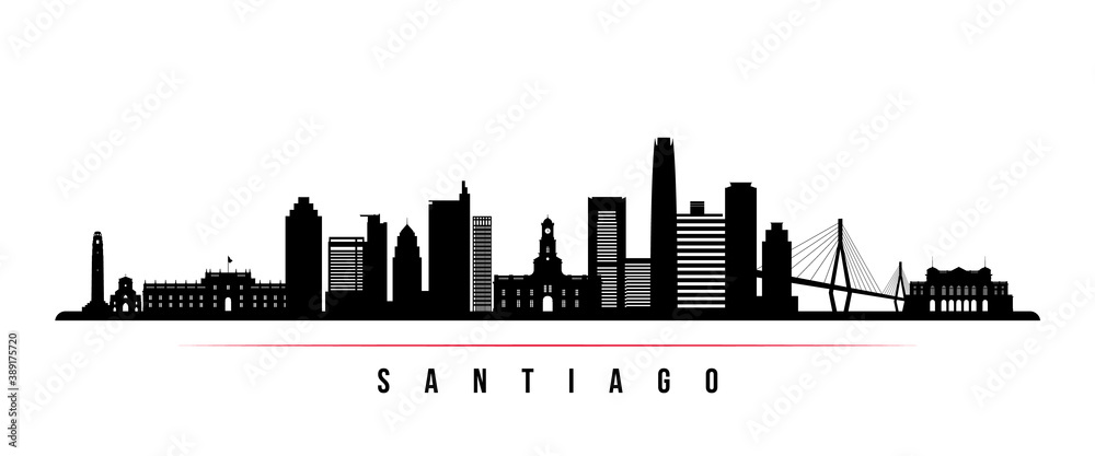 Santiago skyline horizontal banner. Black and white silhouette of Santiago City, Chile. Vector template for your design.