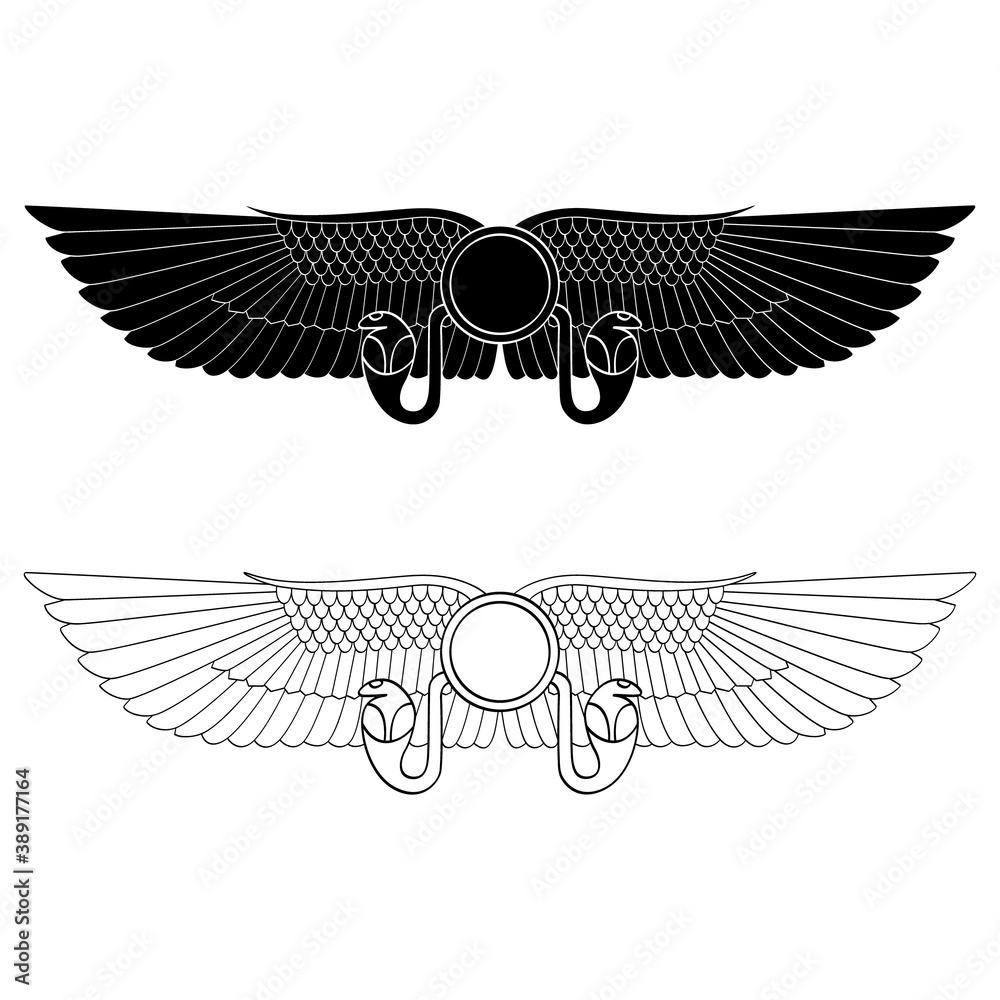 vector monochrome icon set with ancient egyptian symbol Winged sun for ...