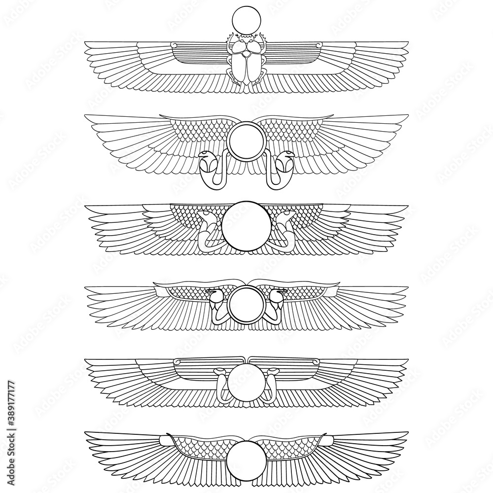 vector monochrome icon set with ancient egyptian symbol Winged sun for your project