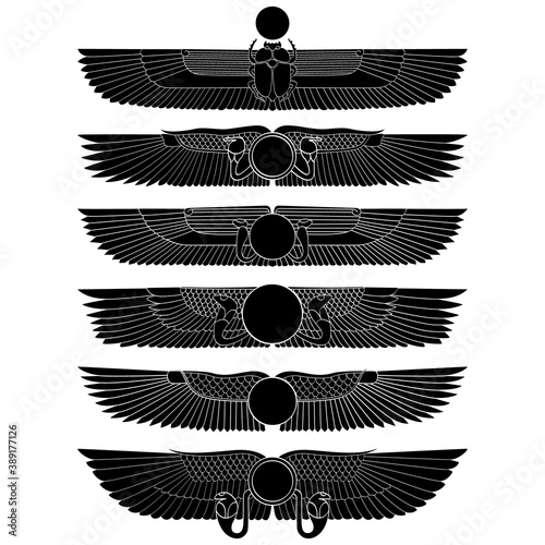 Fotografie, Obraz vector monochrome icon set with ancient egyptian symbol Winged sun for your proj