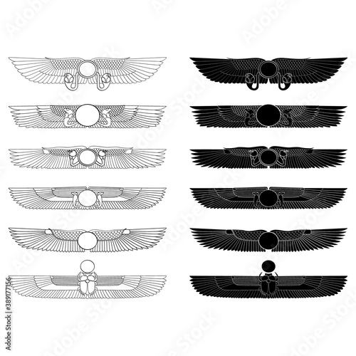 vector monochrome icon set with ancient egyptian symbol Winged sun for your project
