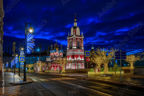 Night view of Varvarka street in Moscow, Russia. Architecture and landmarks of Moscow. Moscow with Christmas decoration.