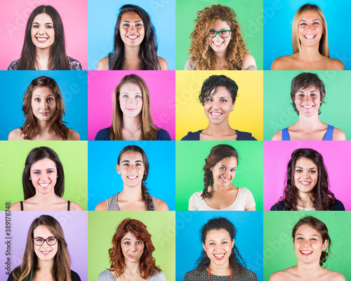 Happy multiethnic people portraits collection on colourful background - Group headshots in collage mosaic collection showing diversity and happiness - Smiling multicultural faces looking at camera