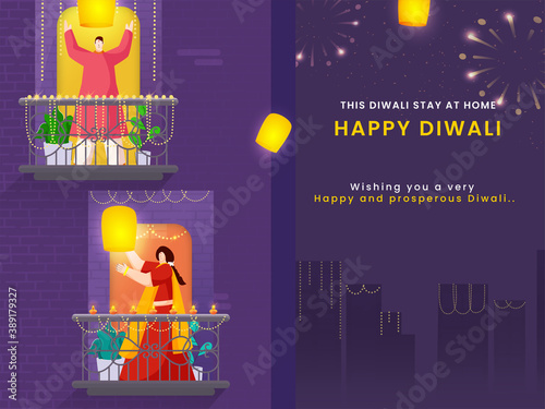 Happy Diwali Celebration Urban Background with Cartoon Man and Woman Holding Sky Lanterns on Their Balcony. Stay At Home, Avoid Coronavirus.