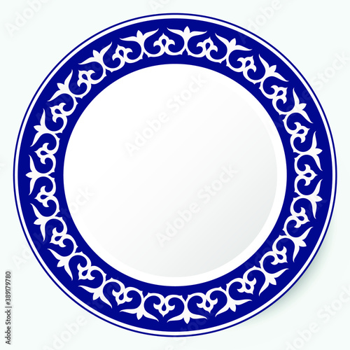 Round Frame, workpiece for your design. Ornamental elements and motifs of Kazakh, Kyrgyz, Uzbek, national Asian decor for plate, textile and print design. Circle frame. Vector. 
