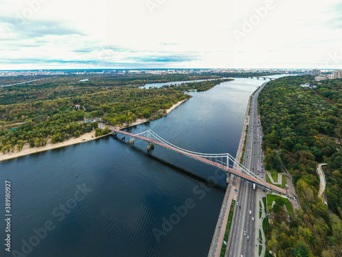 Aerial drone view of Pedestrian bridge in Kiev.