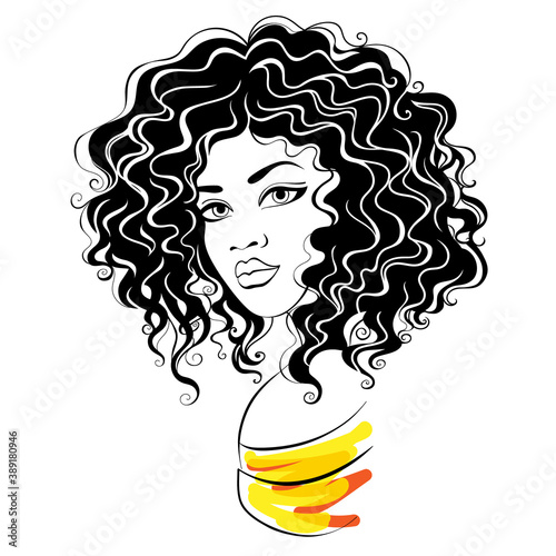 Beautiful black woman with black hair. Vector illustration.